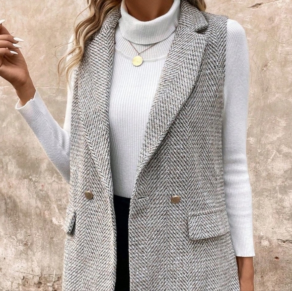 Coffee Brown Preppy Womens Herringbone Print Double Button Tweed Vest Blazer - Picture 3 of 5